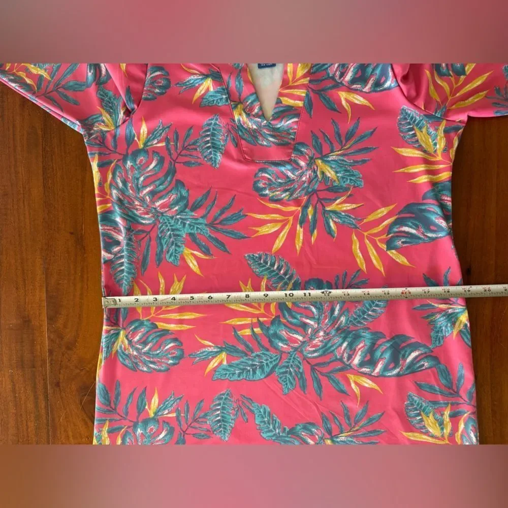 Caribbean Joe Tropical Floral Notch Neck Shift Dress Pink Blue Size Medium